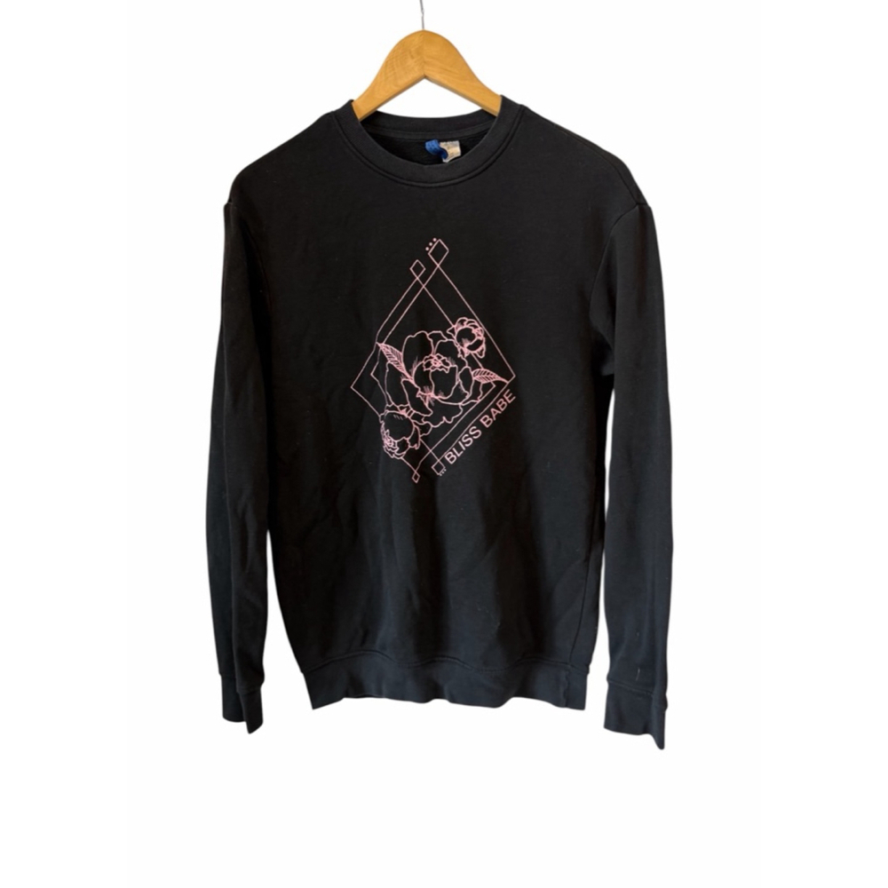H&M Black Graphic Sweatshirt Bliss Babe Floral Crewneck Pullover XS Minimalist